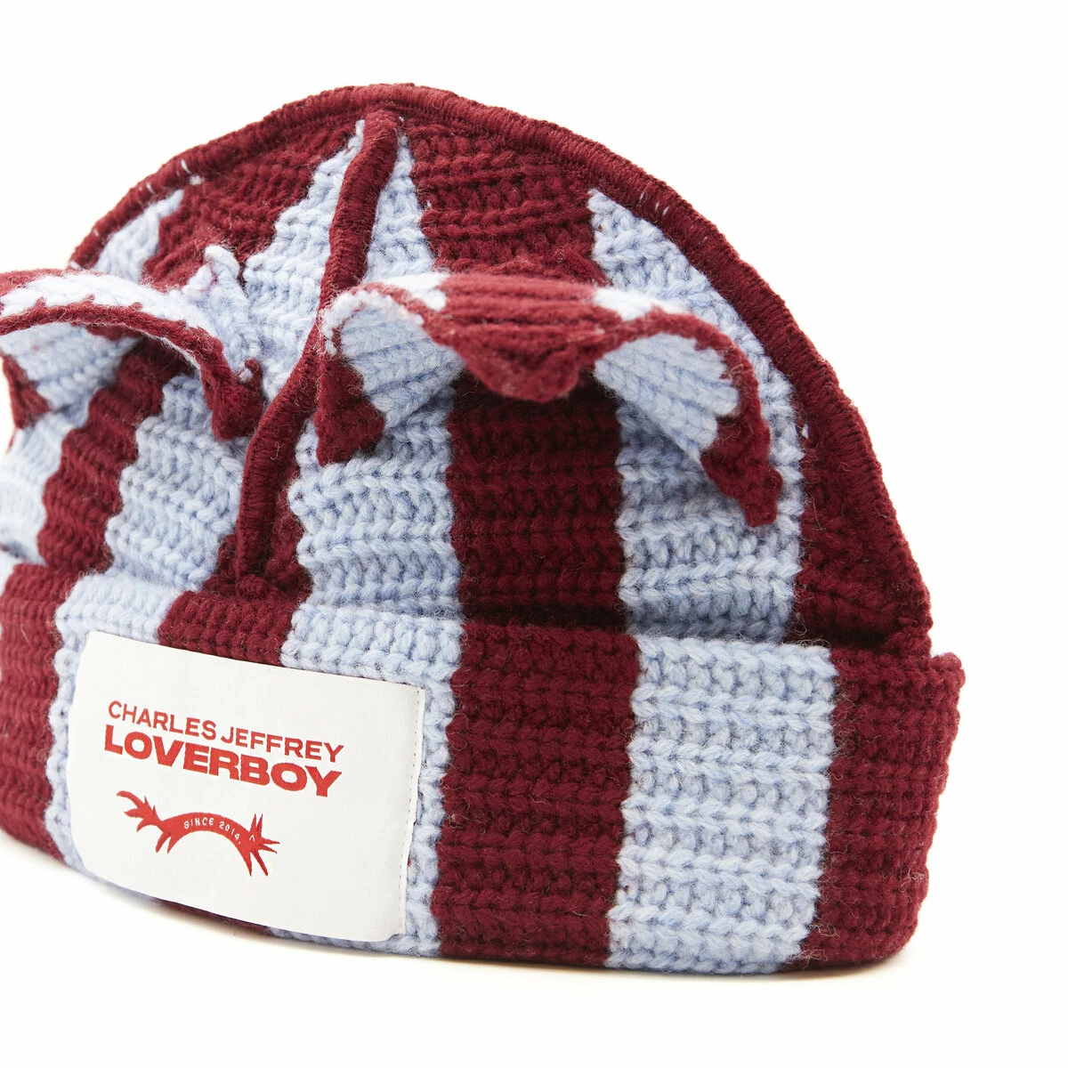 Charles Jeffrey LOVERBOY Striped Ears Beanie In Burgundy - Stylish Kids' Winter Hat 2 Charles Jeffrey LOVERBOY Striped Ears Beanie In Burgundy - Stylish Kids' Winter Hat - Image 2