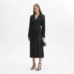 SELF PORTRAIT Black Sequin Trench Coat - Designer Women's Jacket & Coat
