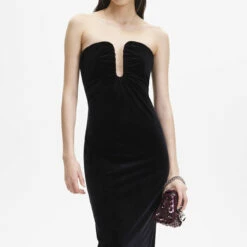 SELF PORTRAIT Velvet Strapless Midi Dress in Black | Designer Dress for Women