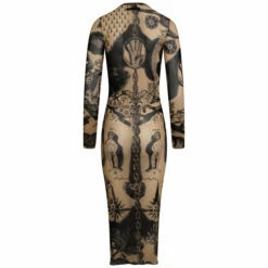 Jean Paul Gaultier Long Sleeve Tattoo Print Dress In Nude | Designer Women's Dress
