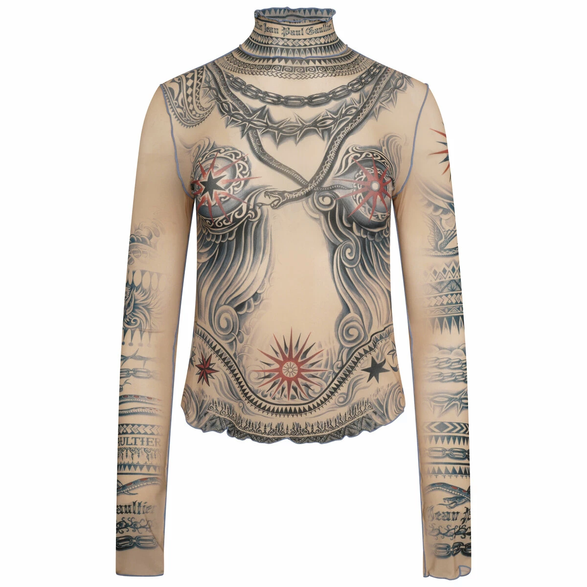 Jean Paul Gaultier The High Neck Tattoo Print Sheer Top In Nude - Kids Fashion 1 Jean Paul Gaultier The High Neck Tattoo Print Sheer Top In Nude - Kids Fashion