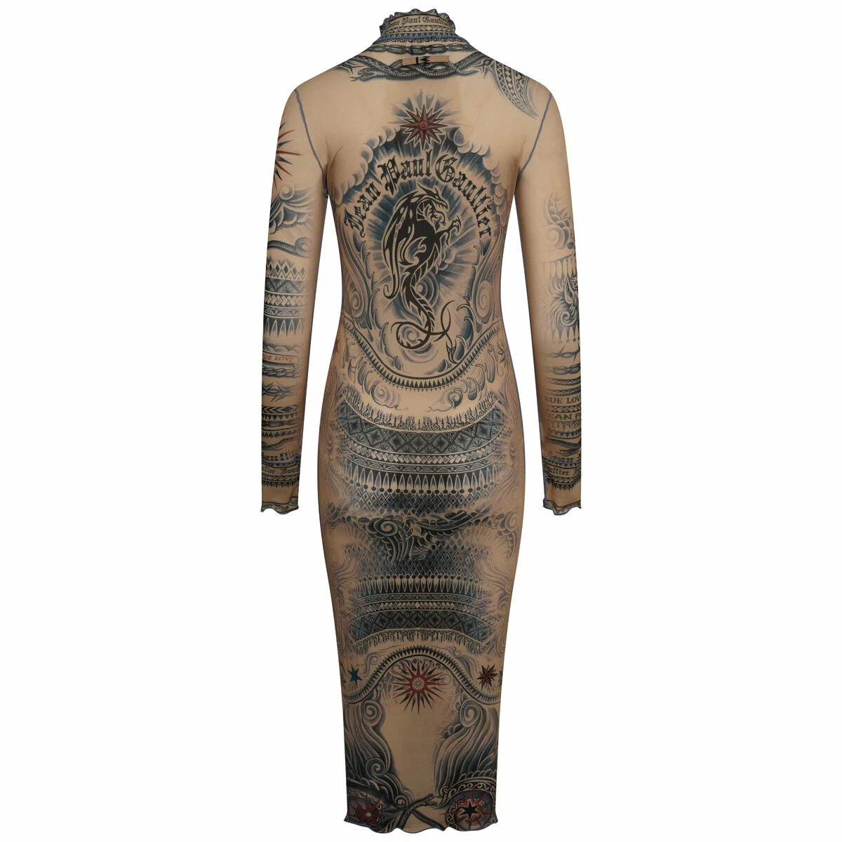 Jean Paul Gaultier The High Neck Tattoo Sheer Print Dress In Nude - Designer Womens Dress 1 Jean Paul Gaultier The High Neck Tattoo Sheer Print Dress In Nude - Designer Womens Dress