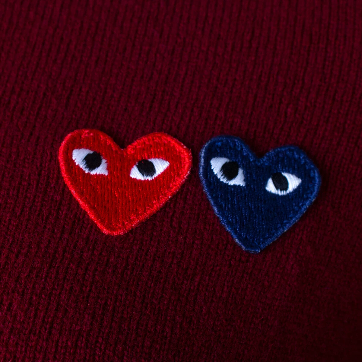 Comme des Garçons PLAY Twin Heart Logo Cardigan In Burgundy - Women's Designer Knitwear 2 Comme des Garçons PLAY Twin Heart Logo Cardigan In Burgundy - Women's Designer Knitwear - Image 2