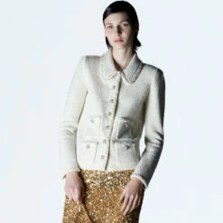 SELF PORTRAIT Pearl Boucle Classic Cardigan-Jacket In Cream | Women's Designer Cardigan